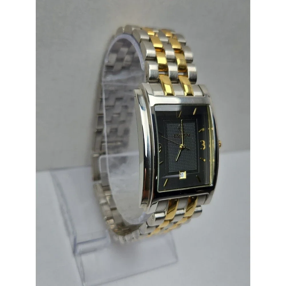 Vintage Elgin Mens Tank Watch Black Dial Two Tone Formal Date Quartz New Battery